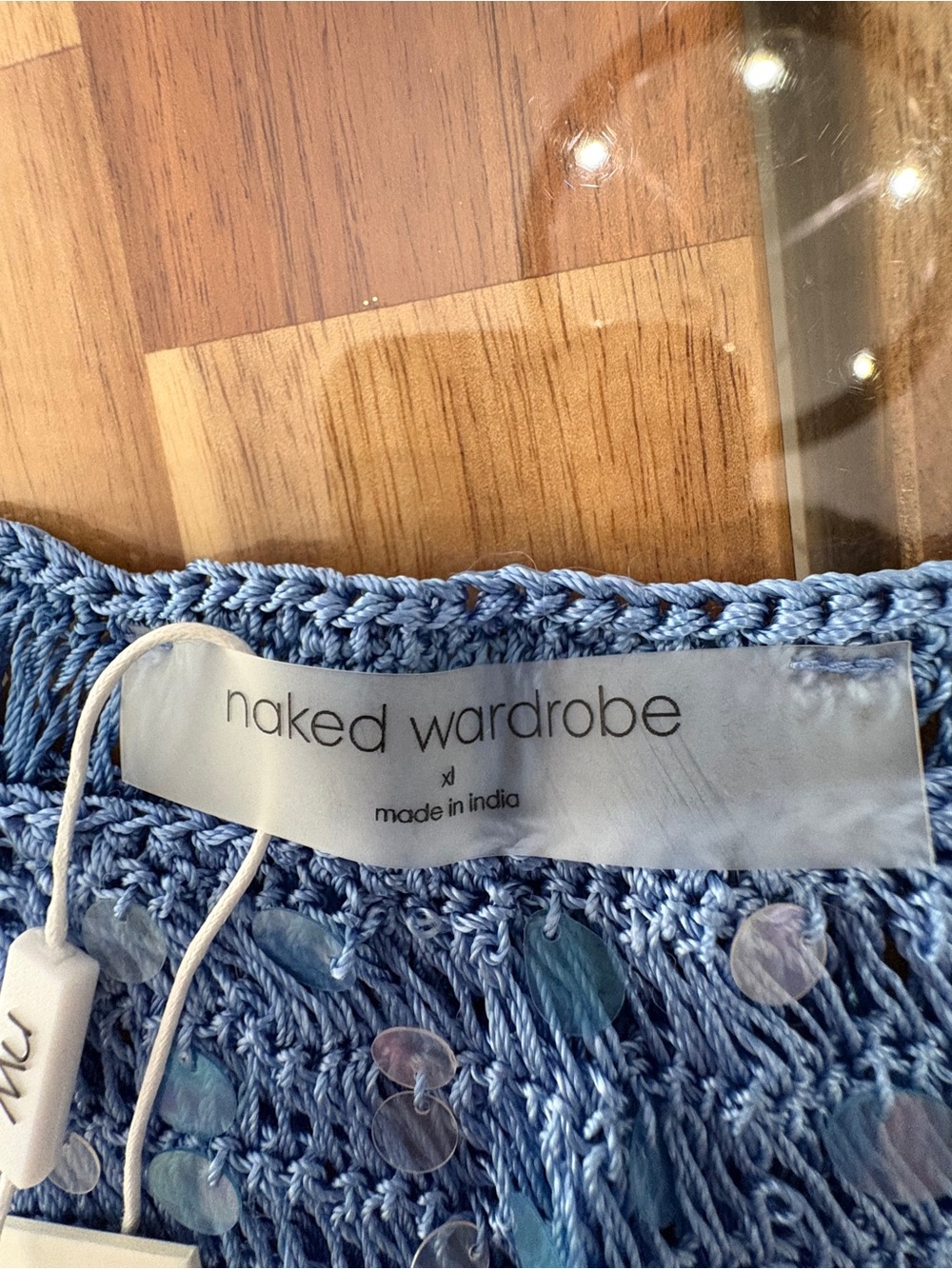 NWT Naked Wardrobe Sz XL Blue Sequin Crocheted Boat Neck See Through Crop Top - Picture 3 of 10